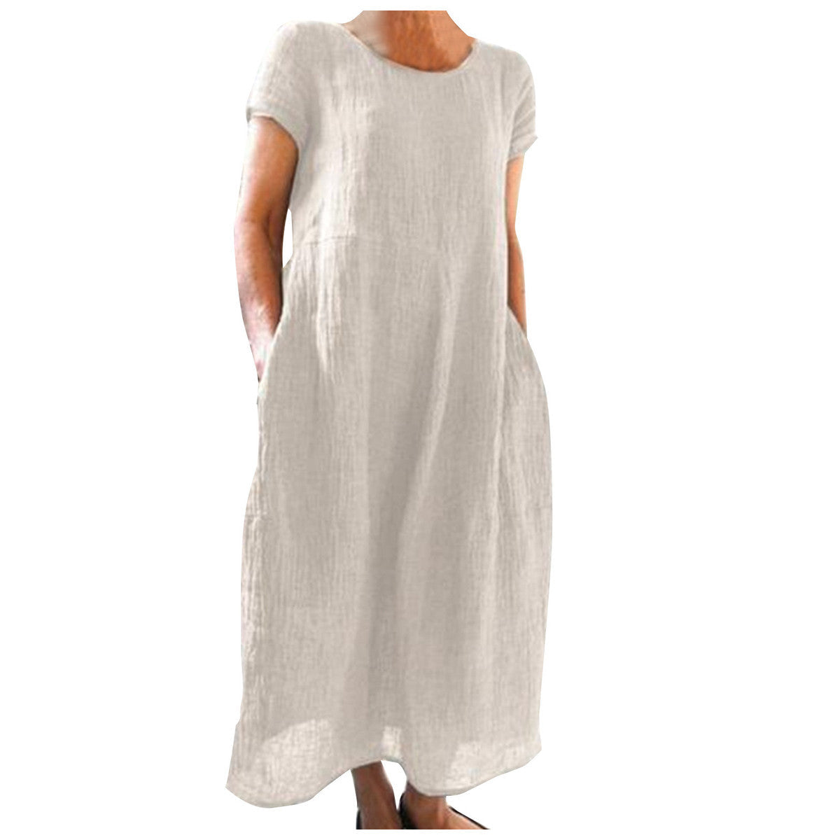 Vestido informal holgado de algodón y lino de color liso para mujer