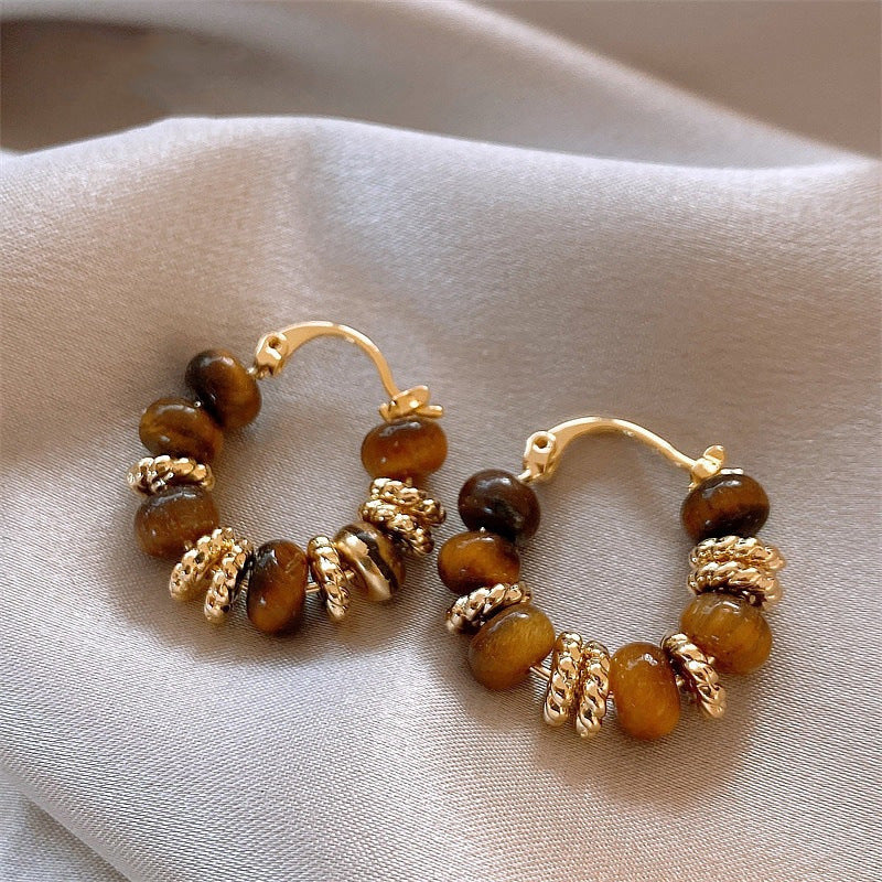 Boucles d'oreilles rétro en perles d'œil de tigre pour femmes, style Maillard Wind