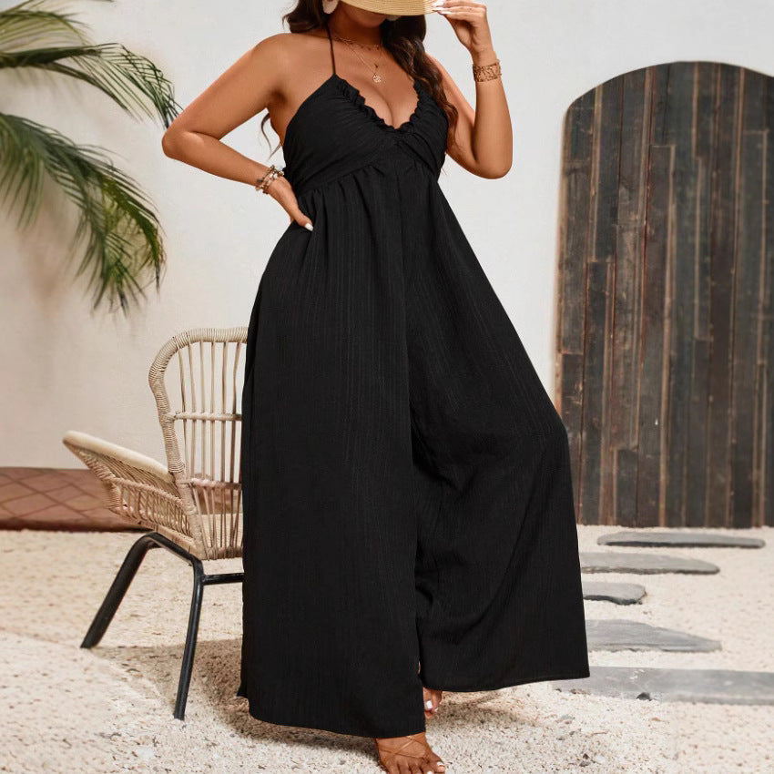 Women Fashion Sexy Solid Color Plus Size Halter Neck V Neck Jumpsuits