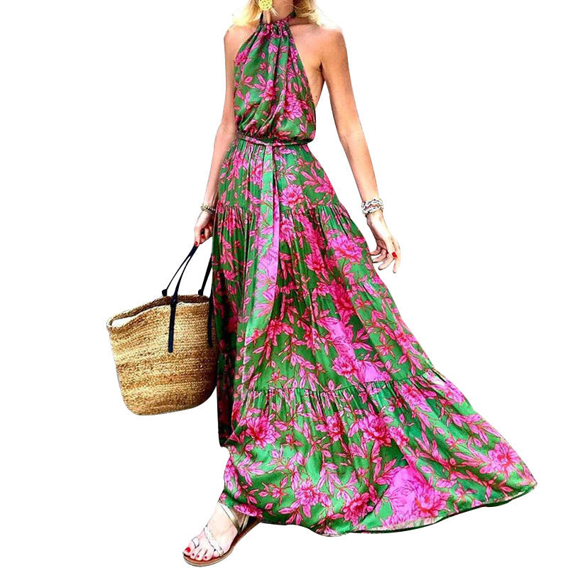 Robe sexy style bohème pour femme, col licou, sans manches, taille définie