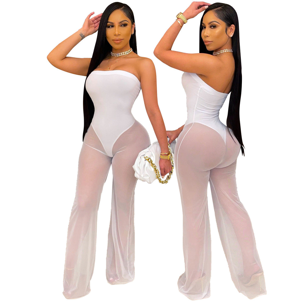Monos de pierna ancha con top de tubo de malla sexy a la moda para mujer