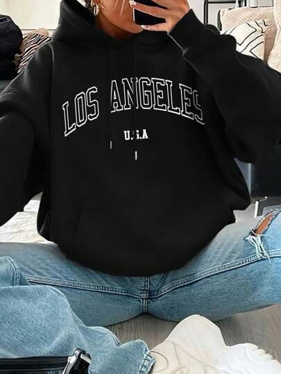 Sweat à capuche ample et décontracté pour femme avec imprimé lettres
