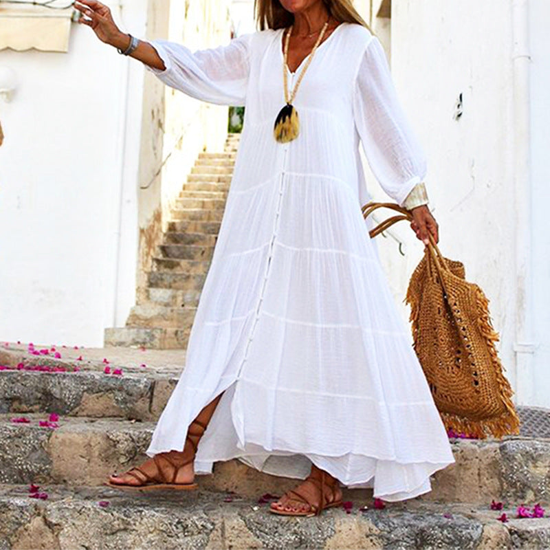 Vestido largo bohemio de verano para mujer, informal, de color liso, con escote en V y manga larga