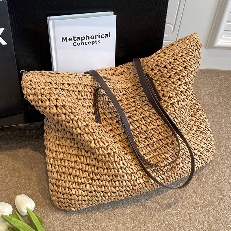 Bolso tote tejido de paja de color sólido, informal, de moda para mujer, con gran capacidad