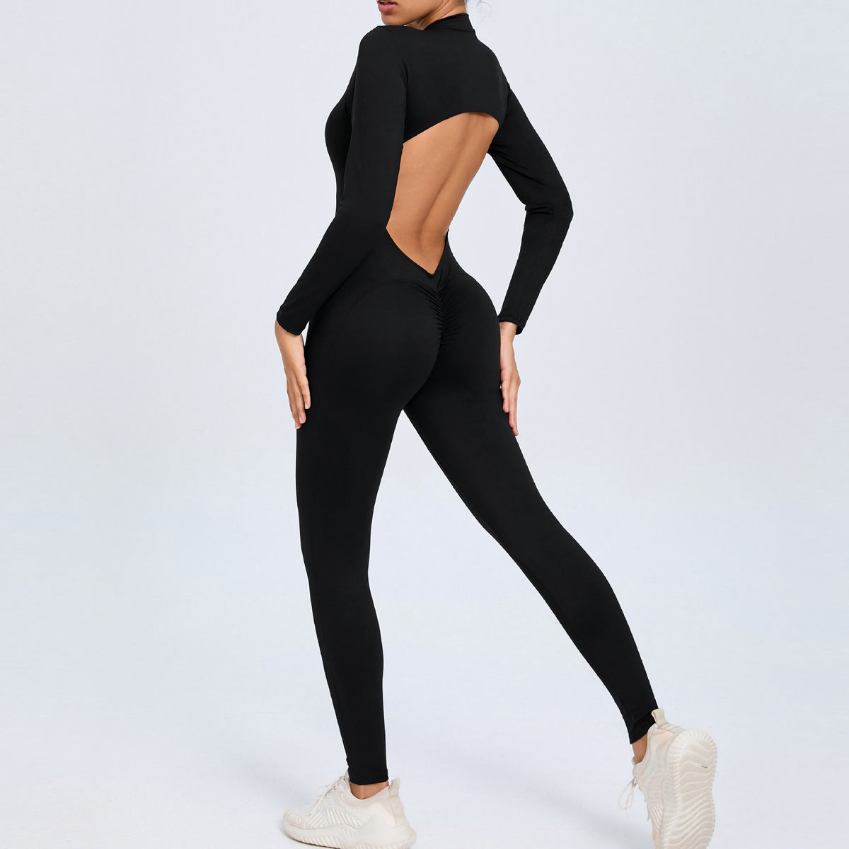Women Fashion Solid Color Zipper Long-Sleeve Yoga Jumpsuit