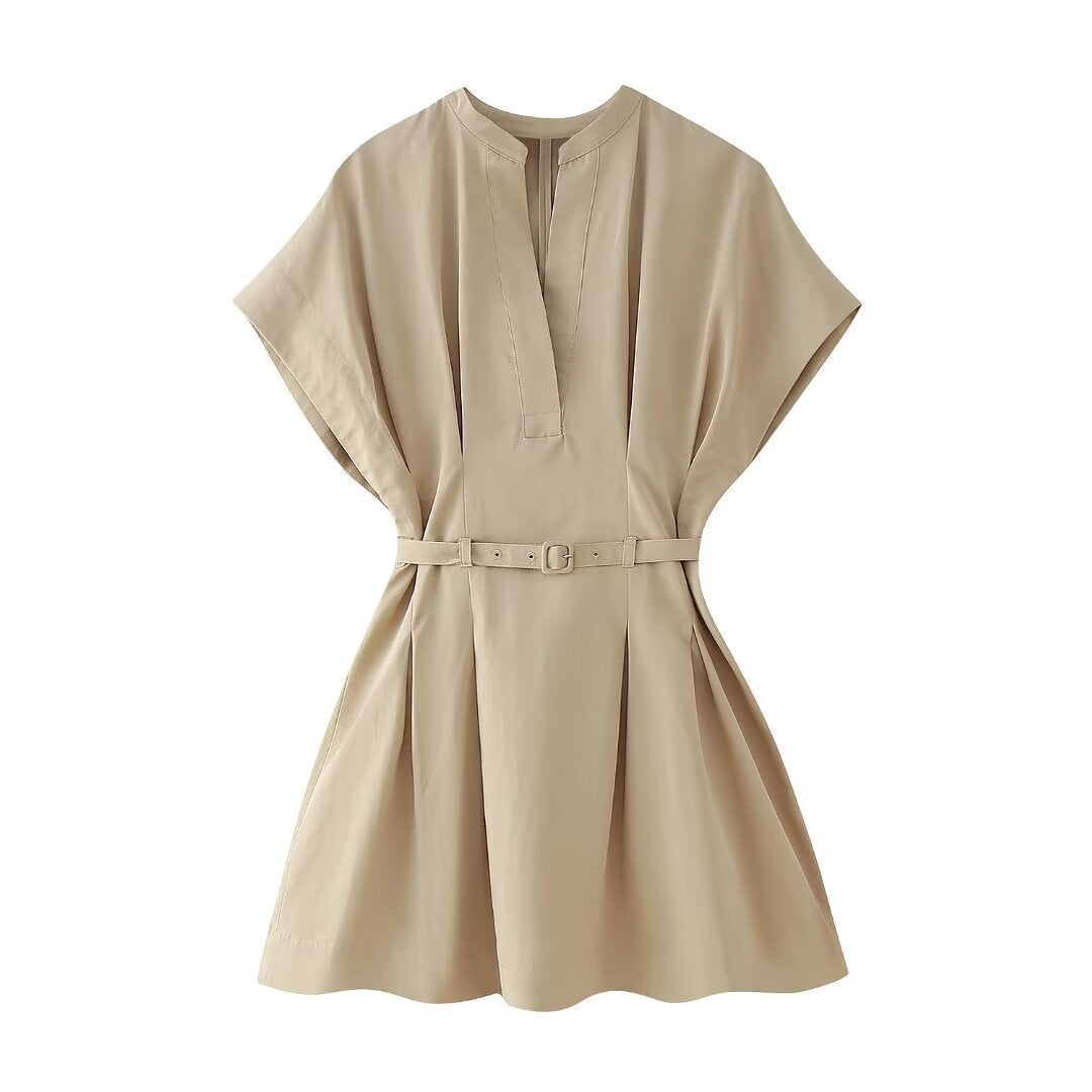 Robe d'été plissée à col en V pour femme, style bureau chic, en coton uni