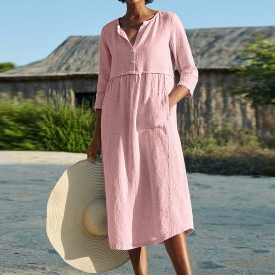 Robe d'été à col rond et poches boutonnées pour femme