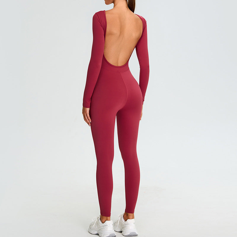Women Fashion Solid Color Long-Sleeved Yoga Jumpsuits