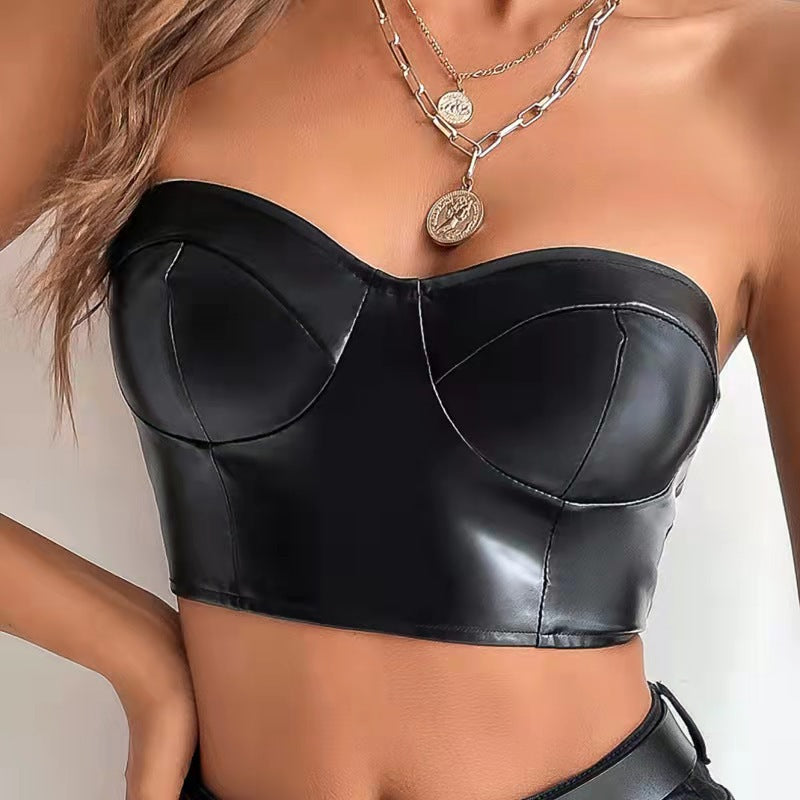 Top sexy sin tirantes de PU de color sólido para mujer