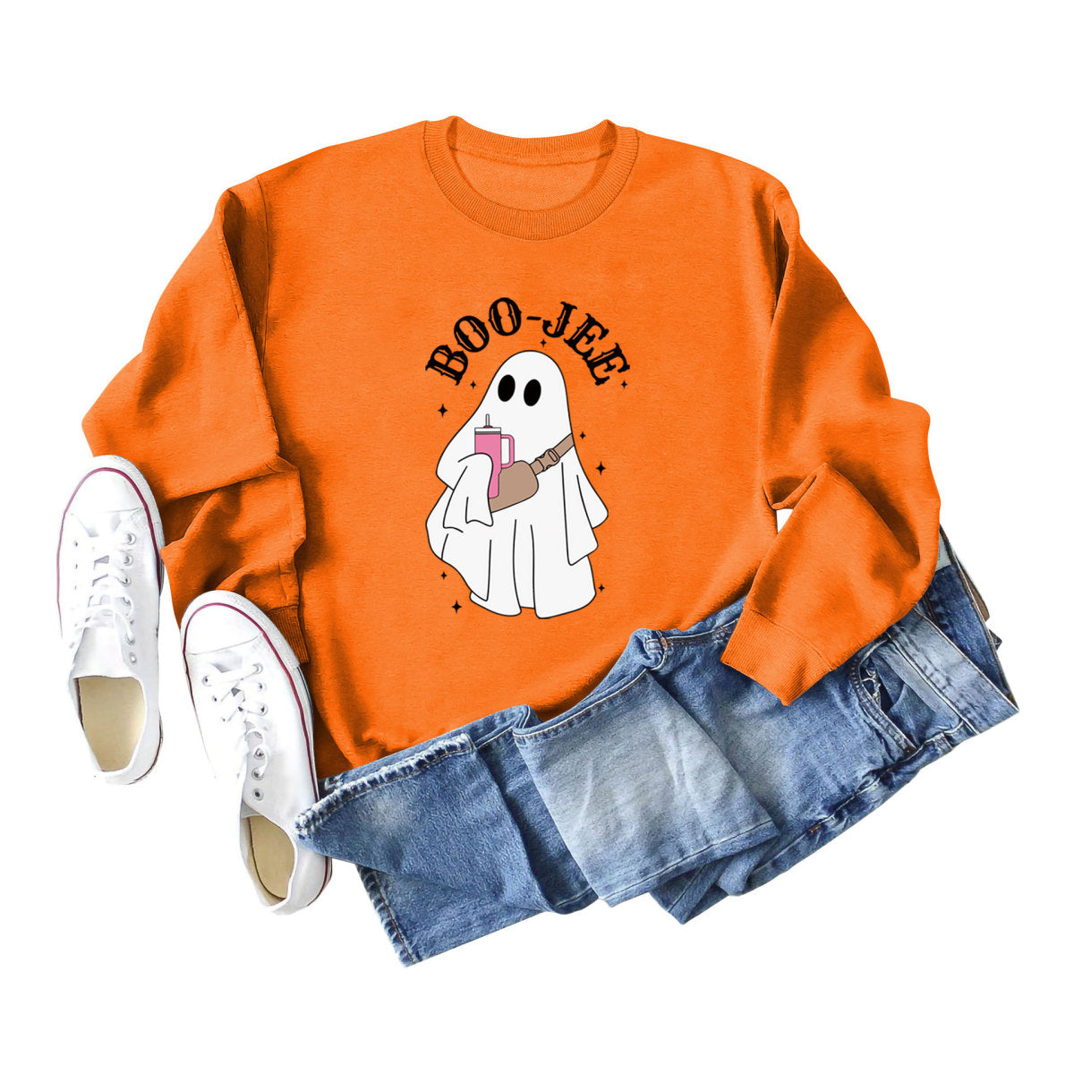 Sweat-shirt ras du cou imprimé fantôme de dessin animé pour femme Halloween