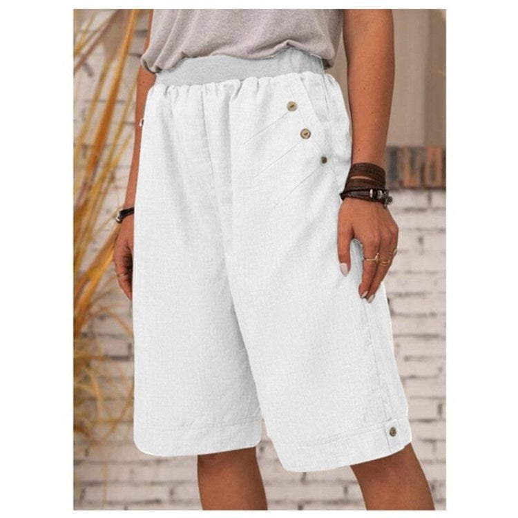 Pantalon court décontracté en coton et lin pour femme