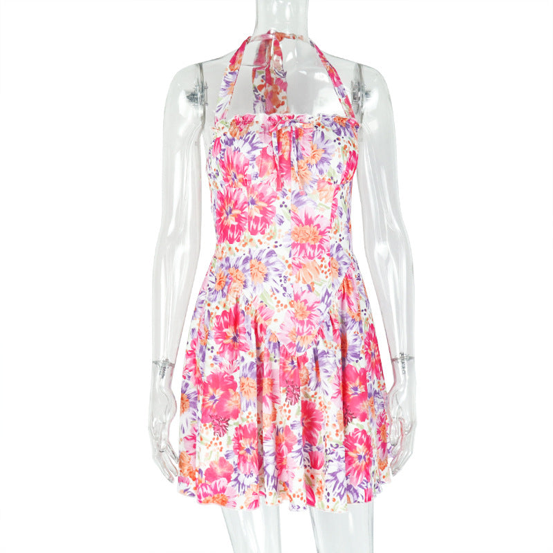 Women Sexy Floral Print Hanging Neck Mini Dress