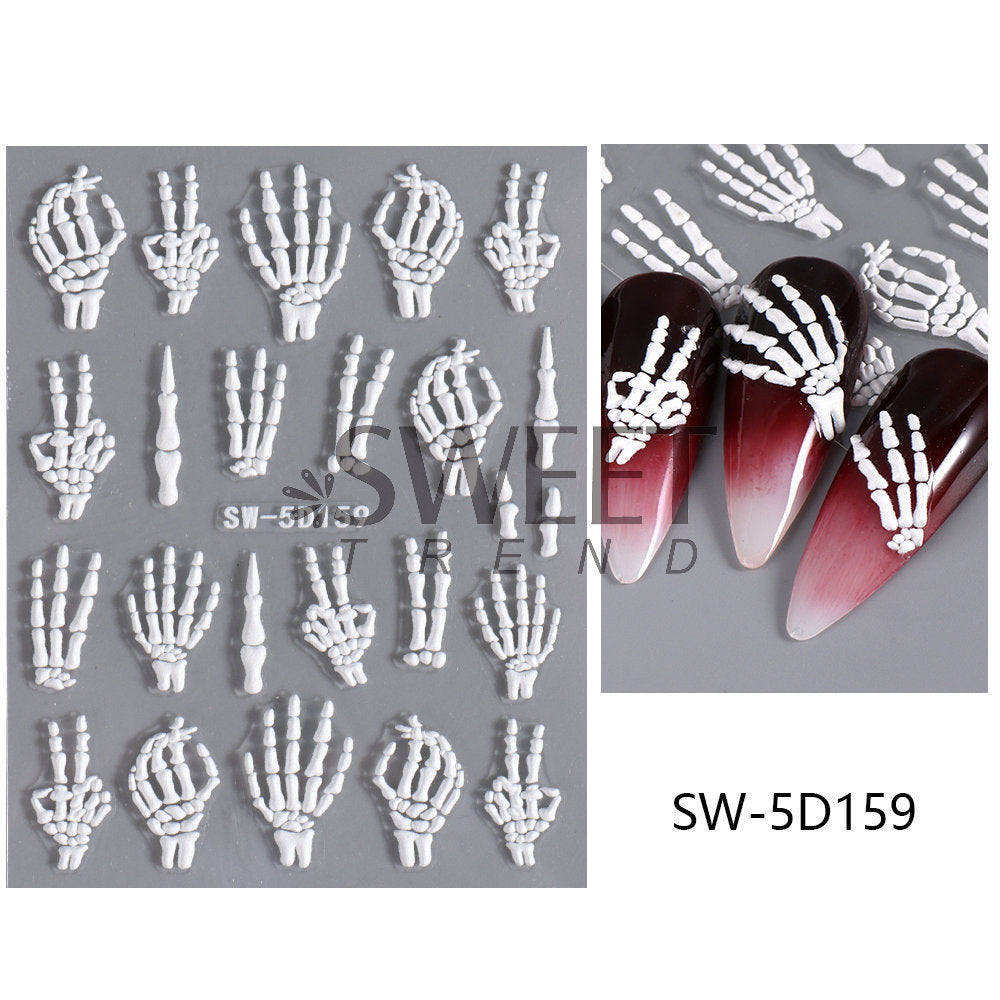 Autocollants pour ongles 5D en relief pour femmes, motif tête de mort, araignée, os, citrouille, Halloween