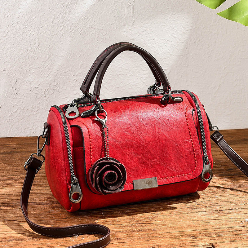Bolso de mano retro con colgante de flor pequeña de color sólido para mujer
