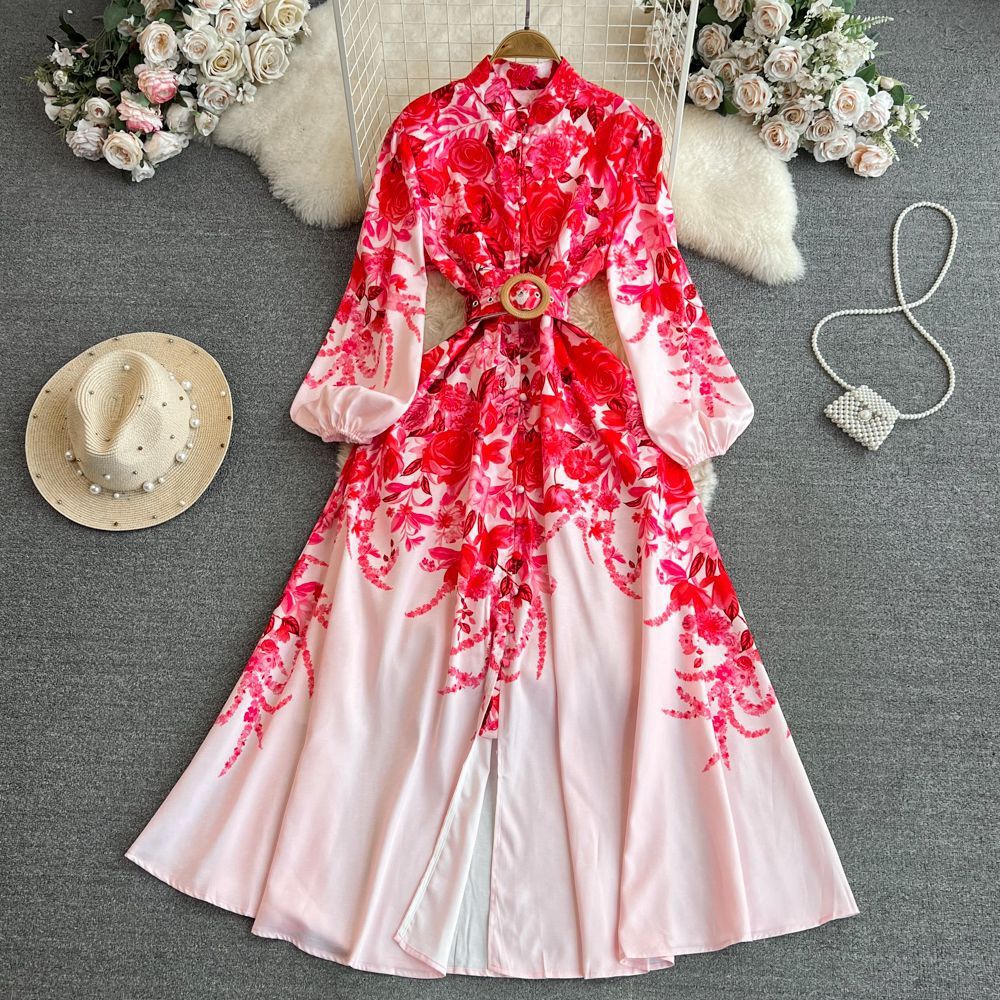 Elegante vestido midi de manga larga con estampado floral