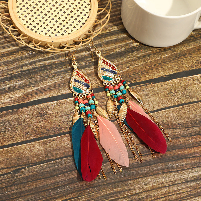 High-Value Feather Bohemian Long Tassel Earrings