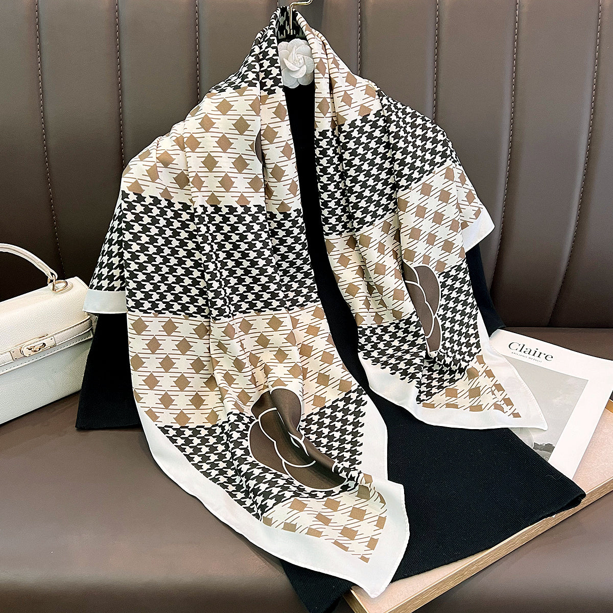 Bufanda de seda con diseño de pata de gallo para mujer, accesorio cuadrado grande geométrico