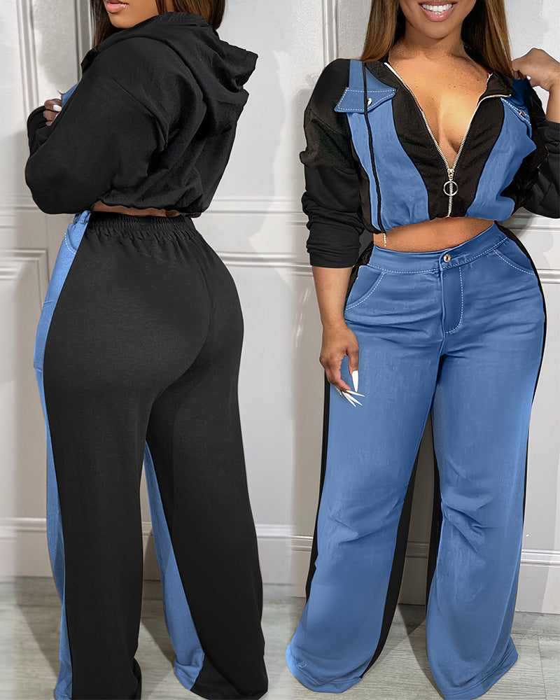 Casual Women Zipper Denim Stitching Two-Piece Set Cotton Blend Stylish