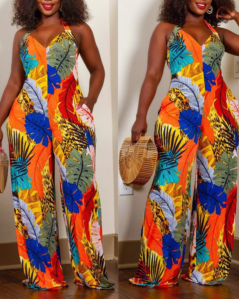 Women Loose Vacation Tropical Leaf-Print V-Neck Jumpsuit