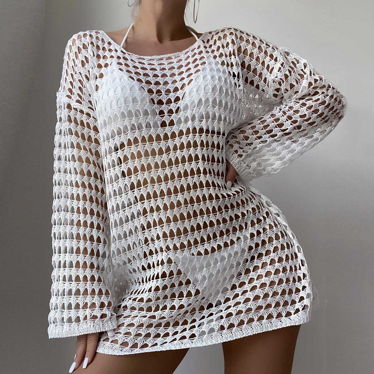 Traje de baño sexy de punto de color sólido y hueco para mujer