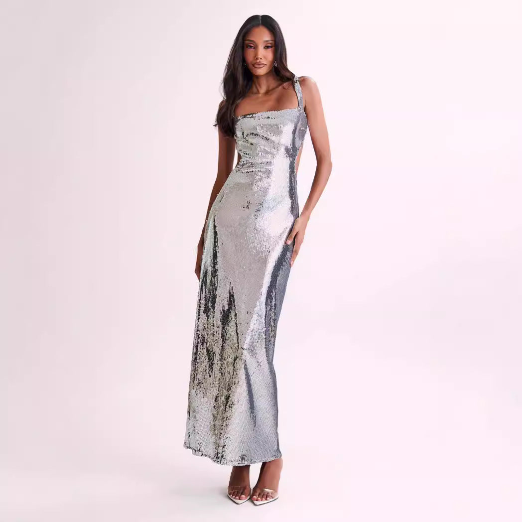 Women Fashion Sexy Sequin Sleeveless Backless Slim Dress