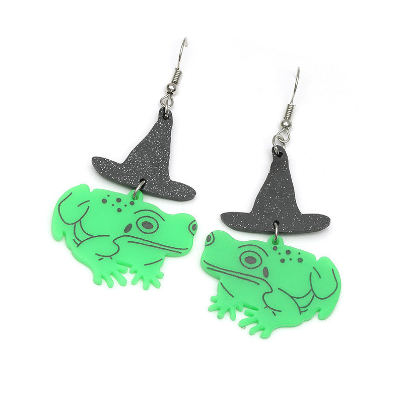 Halloween Women Fashion Creative Funny Acrylic Witch Hat Frog Earrings