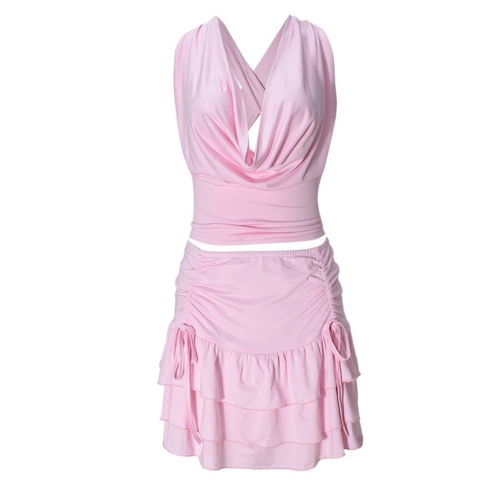 Conjunto de cuello halter sexy de color sólido a la moda para mujer