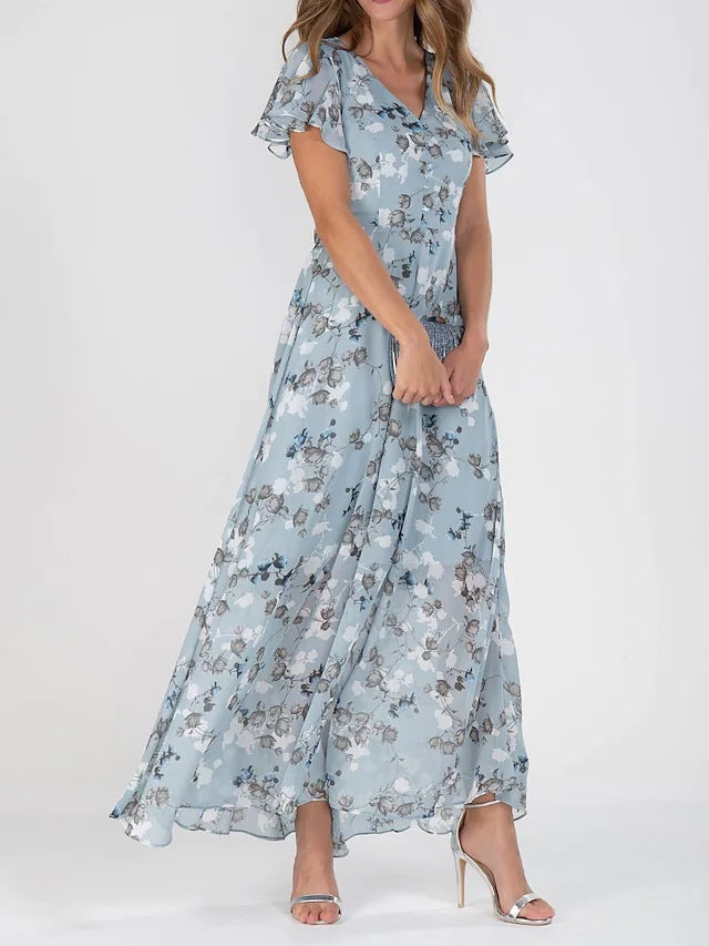 Women Fashion Casual Flower Printed Chiffon Dress