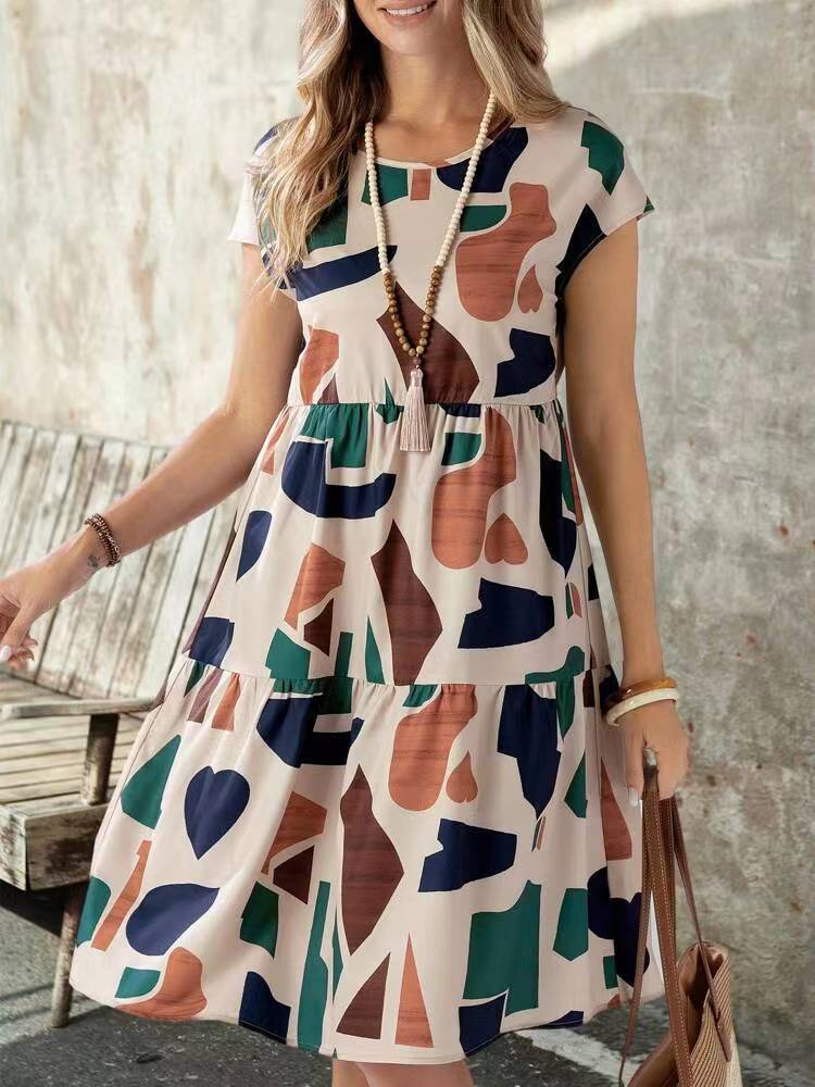 Robe décontractée imprimée à manches courtes pour femme en polyester