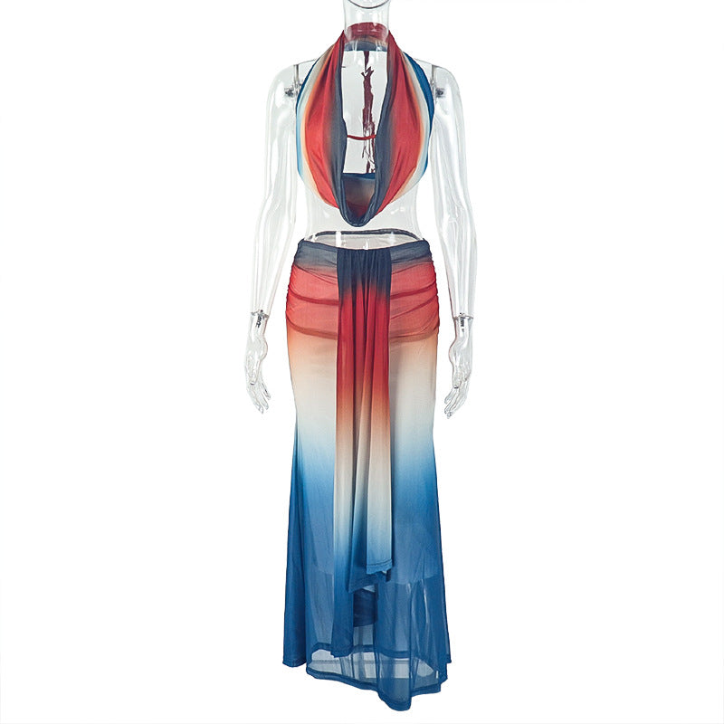 Mesh Vacation Sexy Backless Gradient Two-Piece Skirt Set
