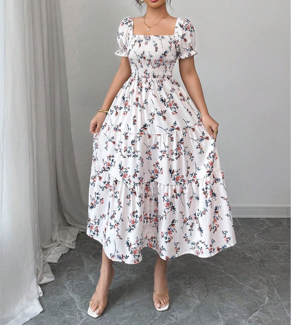 Women Fashion Floral Printed Square Neck Dress