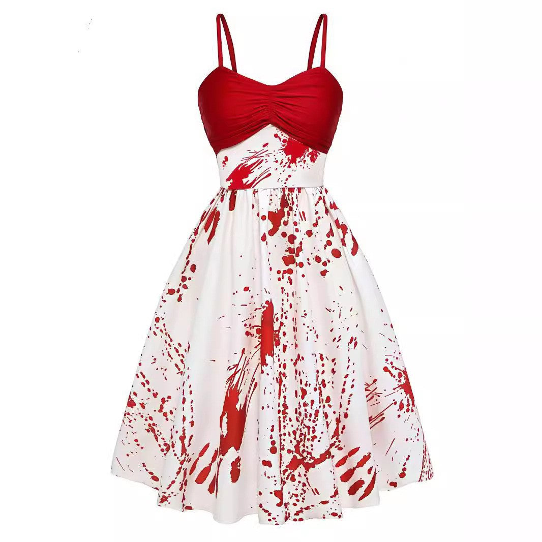 Women Halloween Graffiti Print Color Contrast Sling Dress