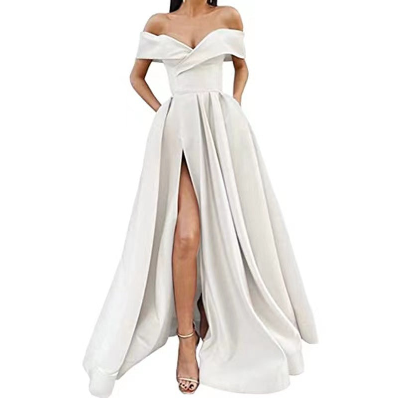 Women Sexy Elegant Satin Deep V-Neck Off Shoulder Party Dress