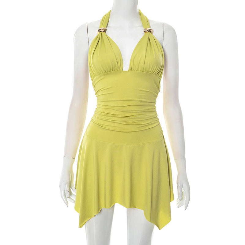 Vestido de cuello de color sólido de moda sexy para mujer de discoteca