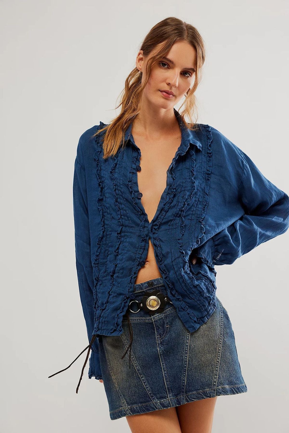 Women Fashion Solid Color Lace Cotton Linen Shirt