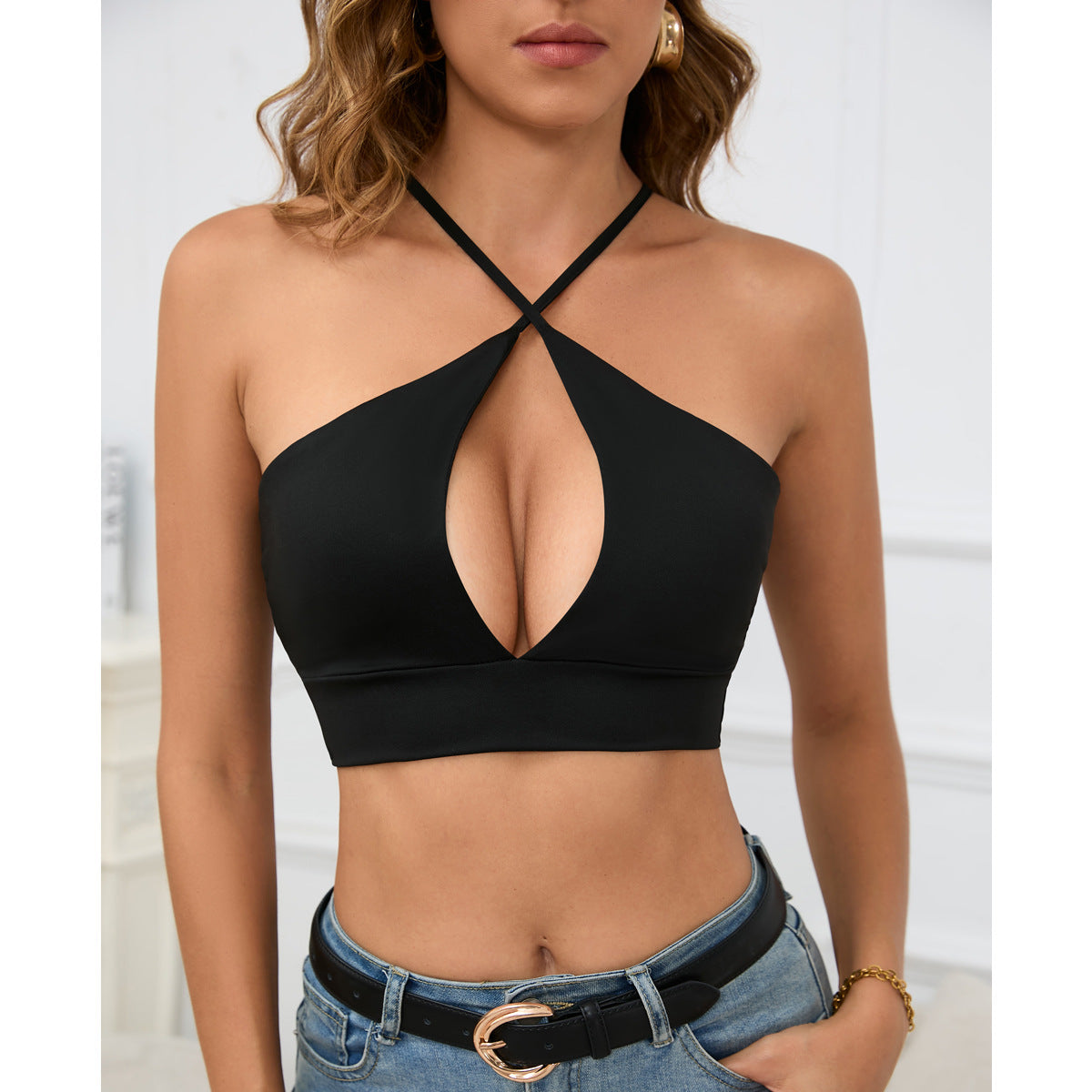 Women Sexy Hollow Solid Color Cropped Camisole Made of Milk Fiber