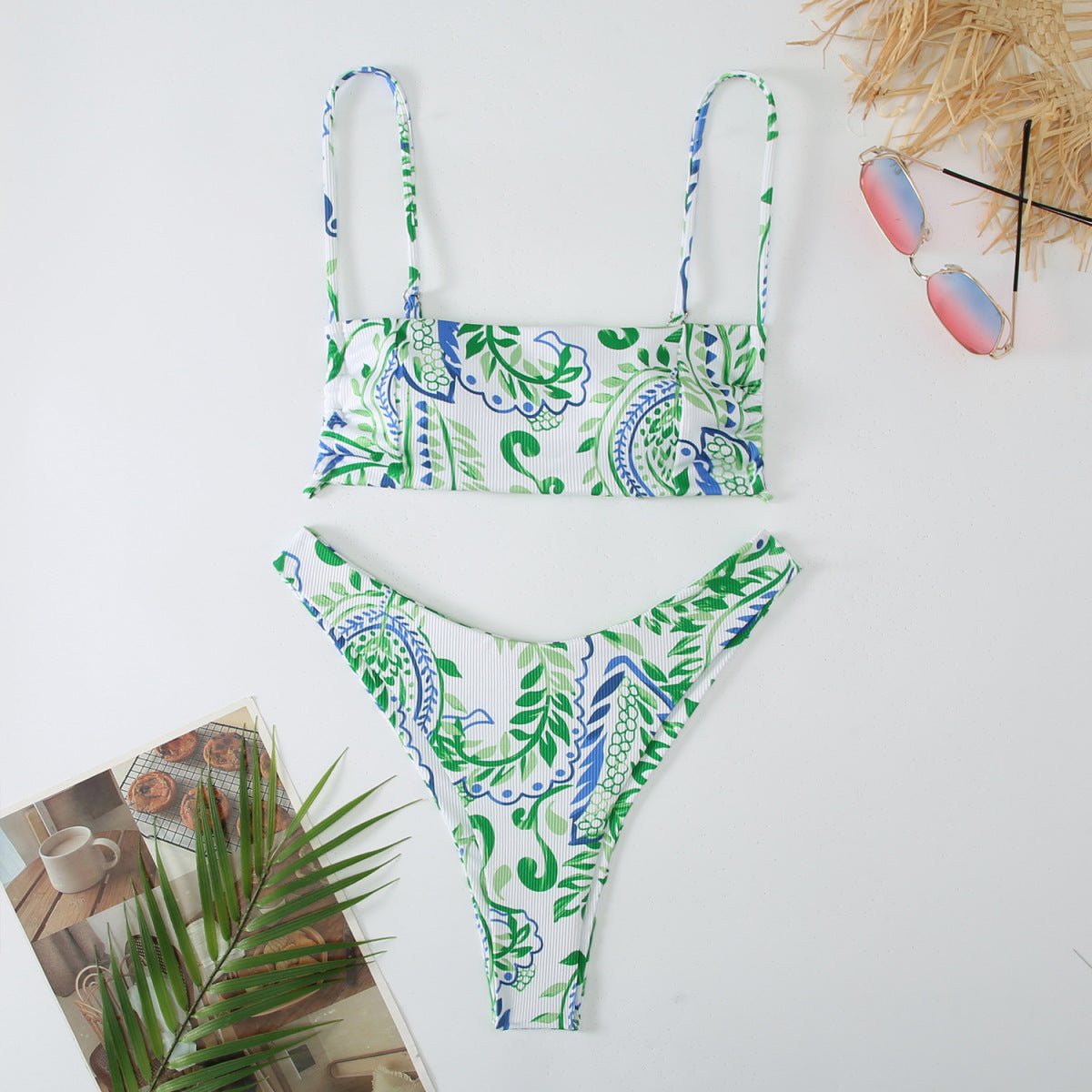 Summer Vacation Bikini Leaf Printed Women Swimsuit