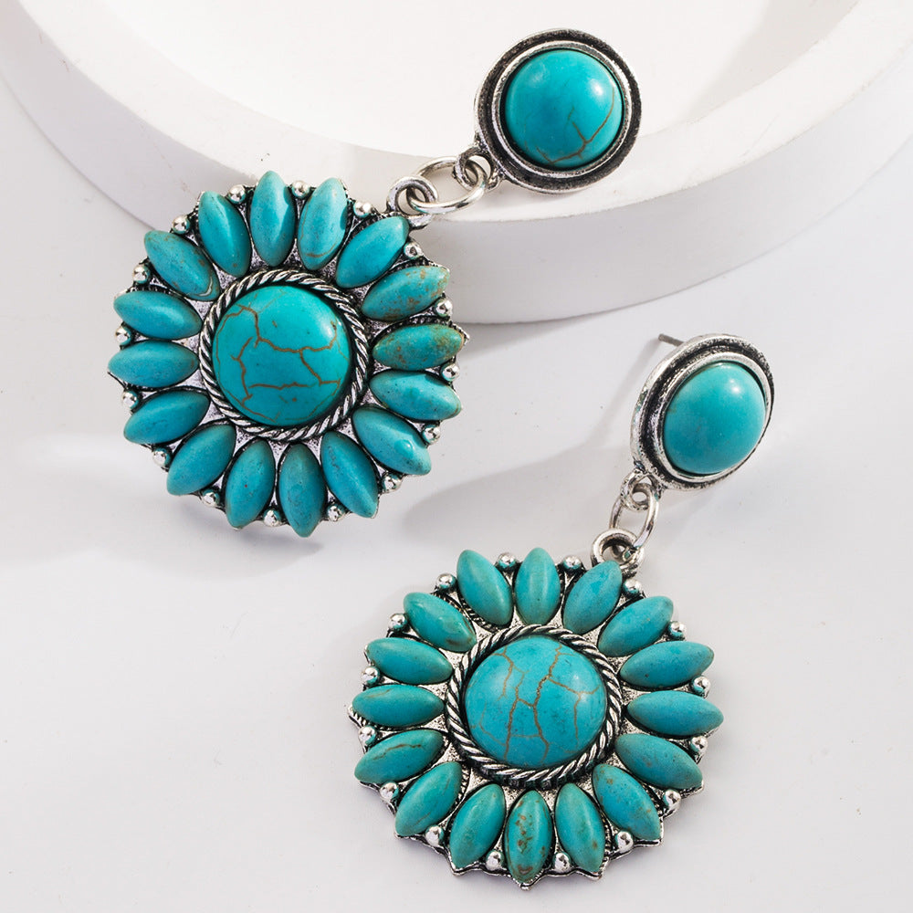 Boucles d'oreilles rétro en forme de cœur turquoise exagéré pour femme - Bijoux bohèmes vintage