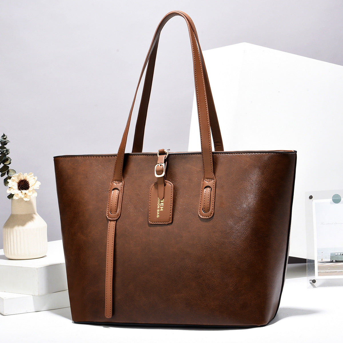 Women Color Blocking PU Leather Tote Bag