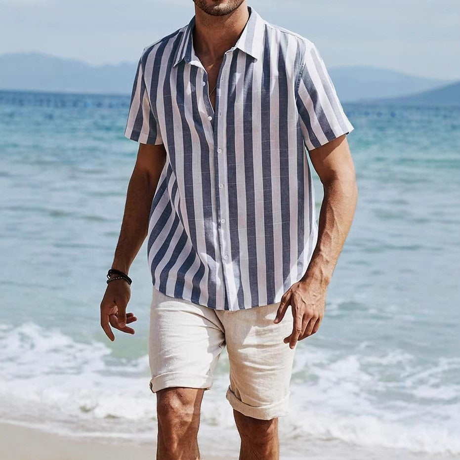 Men'S Casual Stripe Lapel Short Sleeve Shirt