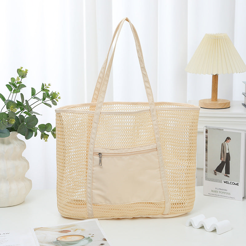 Bolso de playa de malla de color liso para mujer, ideal para viajes y ocio.