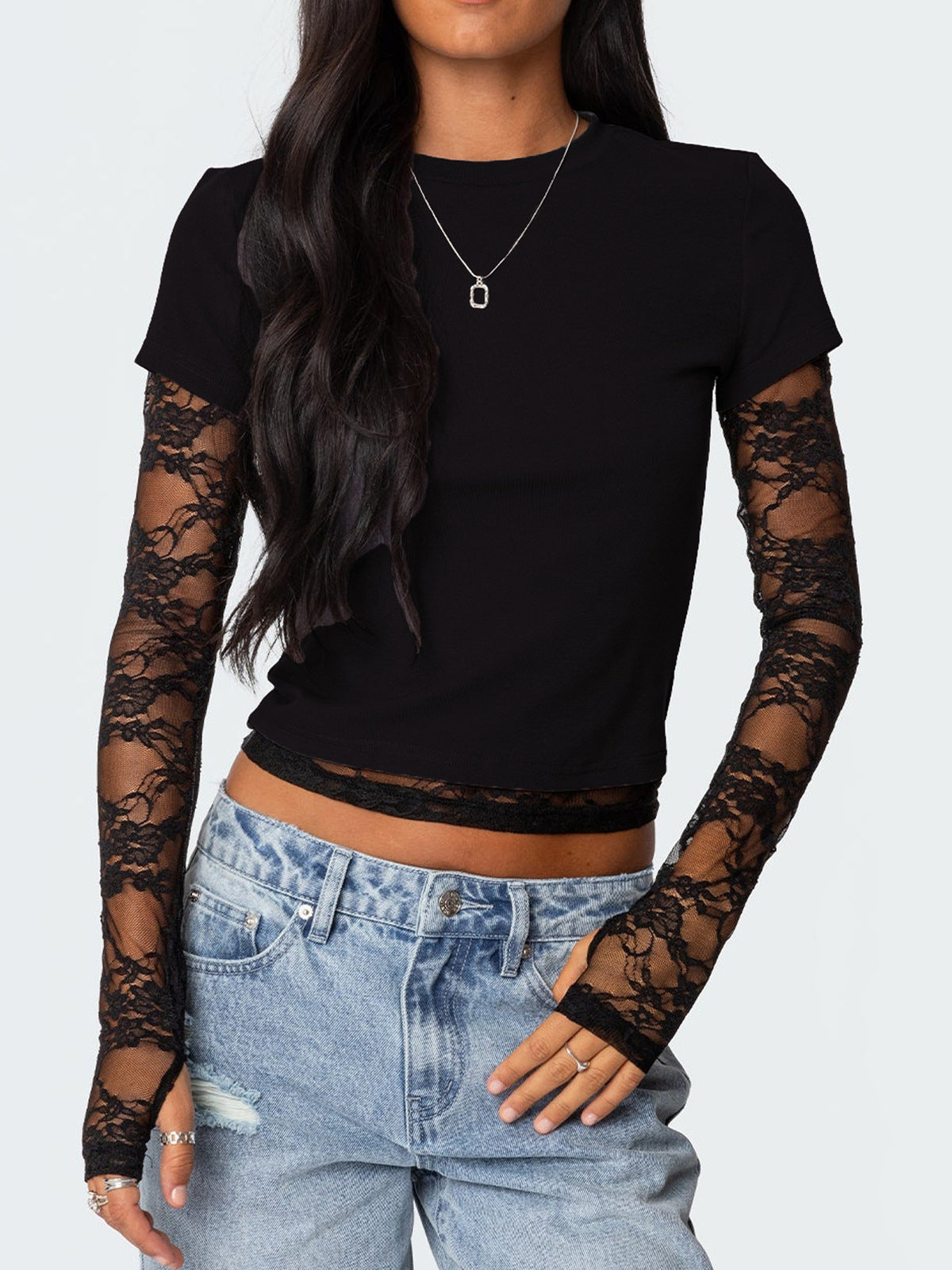Women Y2k Lace Stitching Long Sleeve T-Shirt