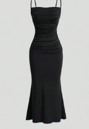 Vestido midi plisado con tirantes finos para mujer, de poliéster, color liso
