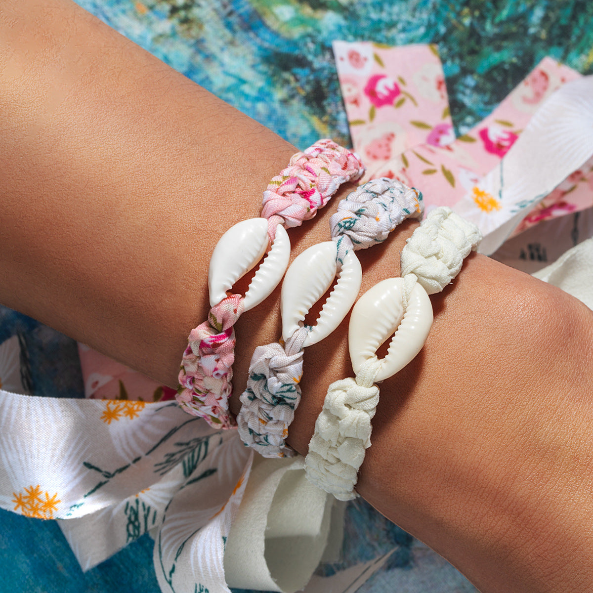 Women Fashion Boho Shell Twist Woven Bracelet Three-Piece Set
