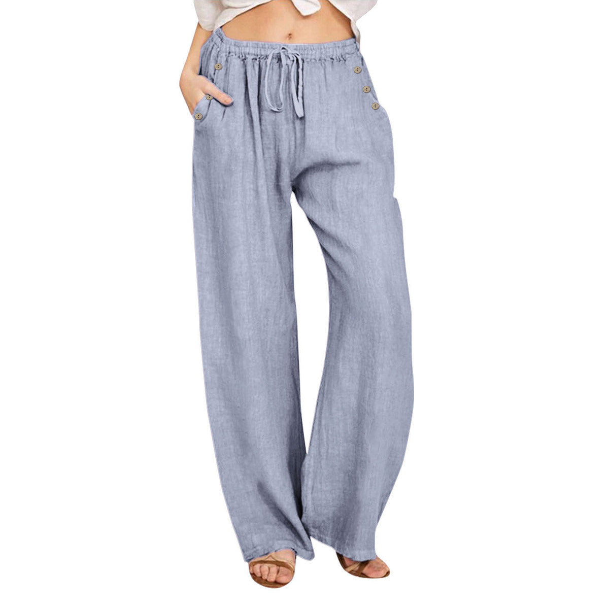 Pantalon décontracté en coton et lin de couleur unie pour femme