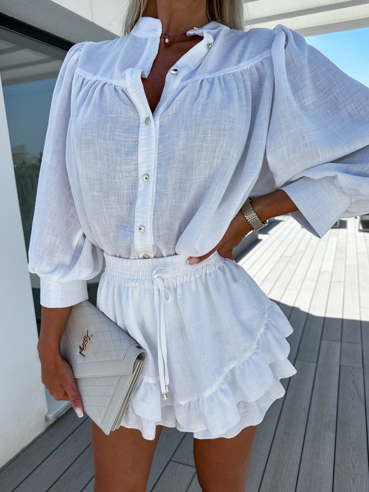 Conjunto de dos piezas formado por camisa, falda y pantalón corto, informal, de lino y algodón, a la moda para mujer
