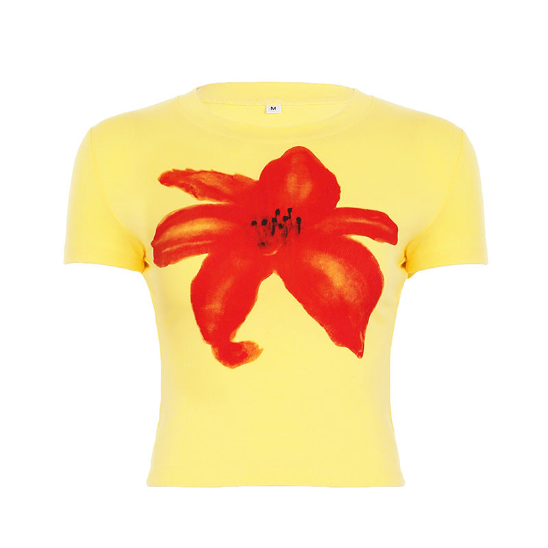 Top corto de manga corta con cuello redondo y estampado bonito a la moda para mujer