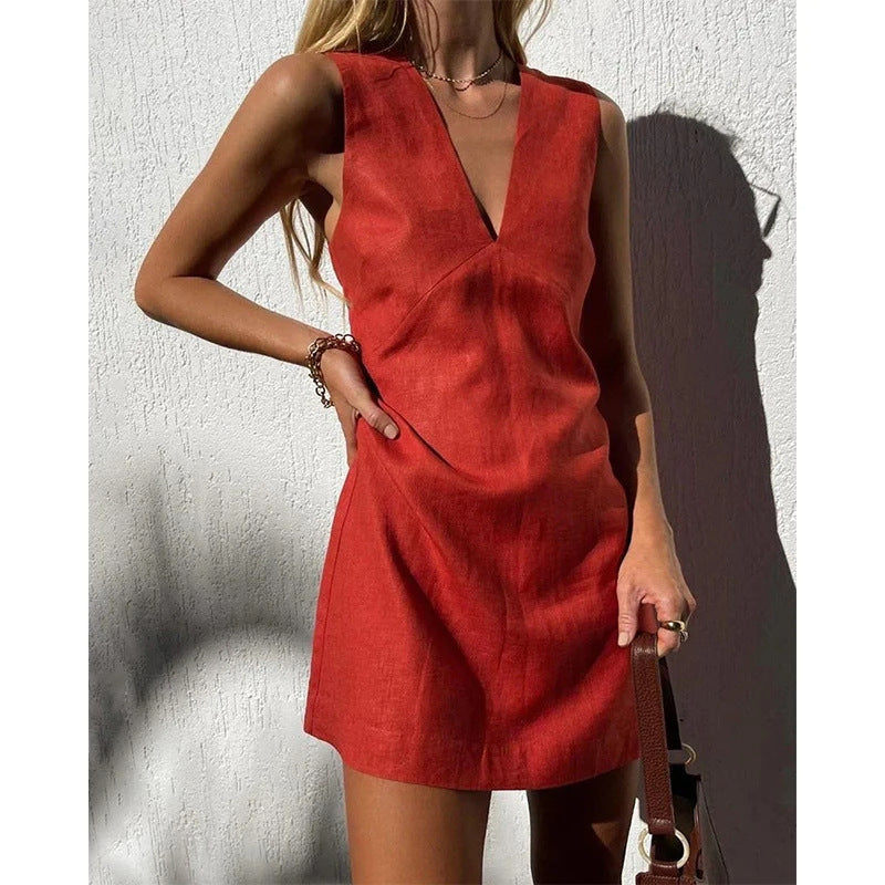 Summer Women Casual Solid Color V-Neck Dress