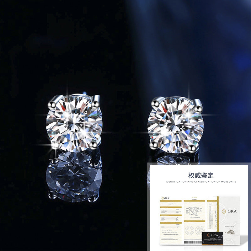 Boucles d'oreilles en argent sterling S925 avec moissanite à quatre griffes - Bijoux géométriques classiques