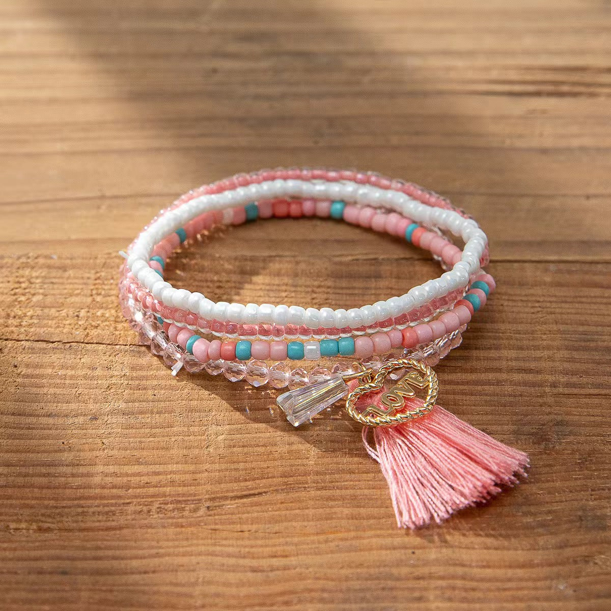 Pulsera de borla rosa con corazón de amor de aleación bohemia